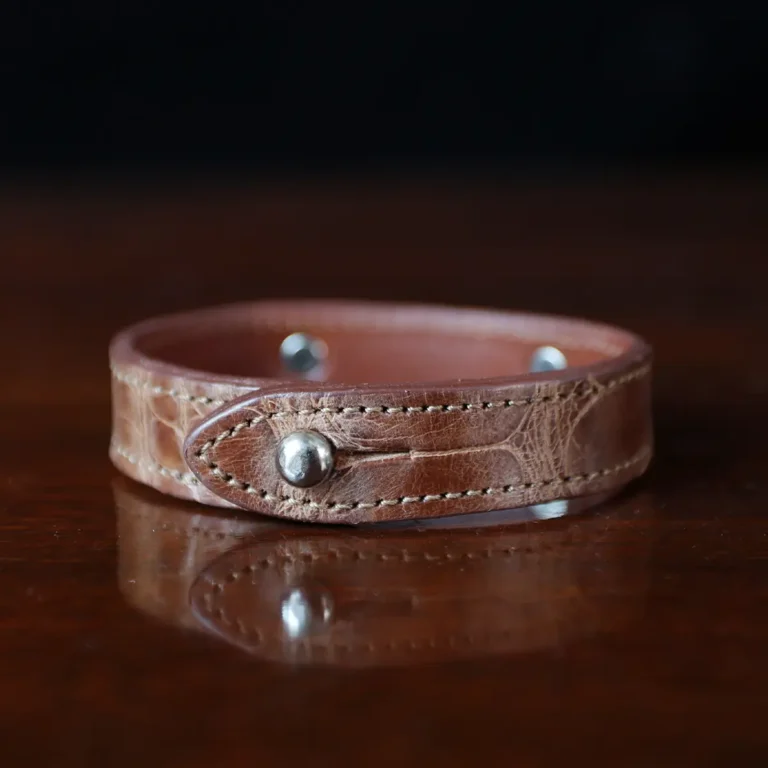 Leather Camp Bracelet in brown American Alligator with personalized silver nickel plate on front - back view