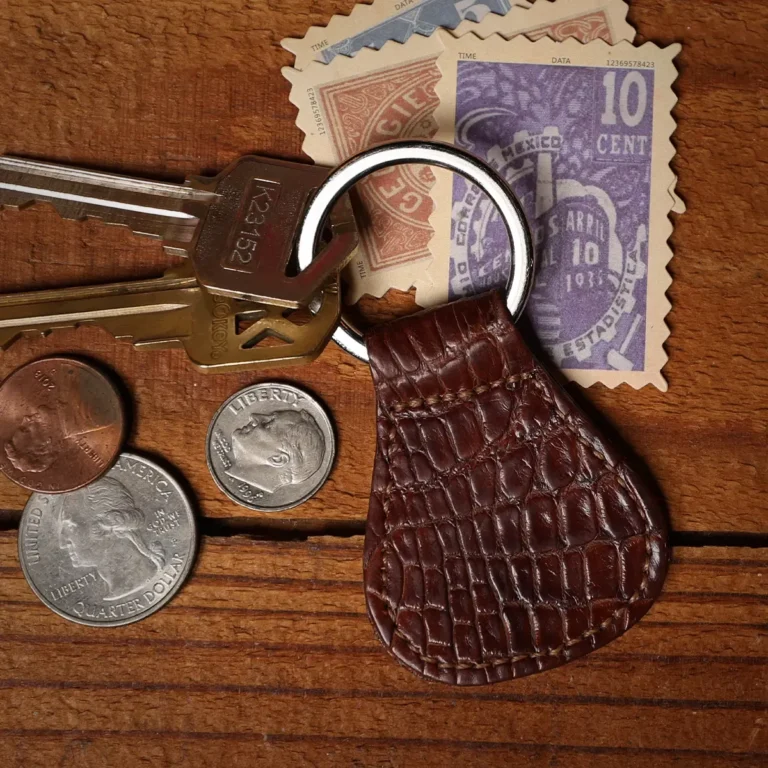 No. 5 Keyring in brown American Alligator - front view with keys on metal ring with stamps and change