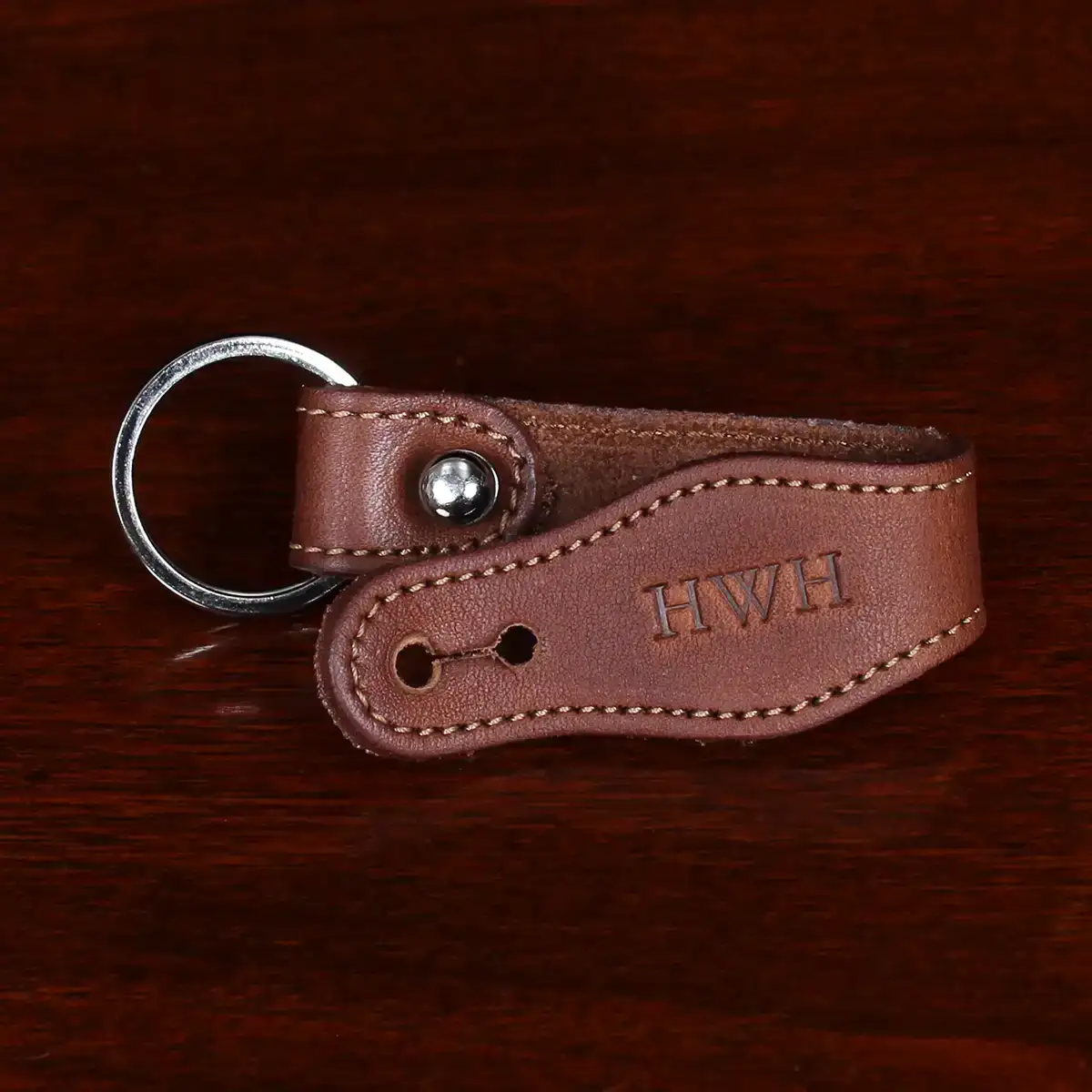 Colonel Littleton Full-Grain, Steerhide Leather No. 6 Key Ring - Brown - Nickel Finished Ball Stud Closure - Monogrammed - Handmade in USA by Col. Littleton