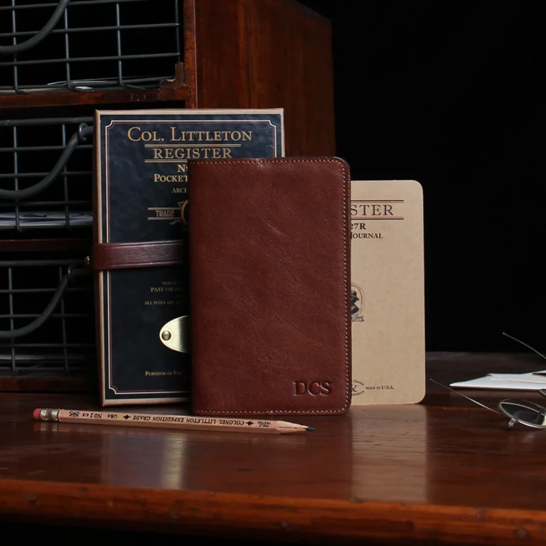 No. 27 Pocket Journal in Vintage Brown American Steerhide Leather - front view with box and cards