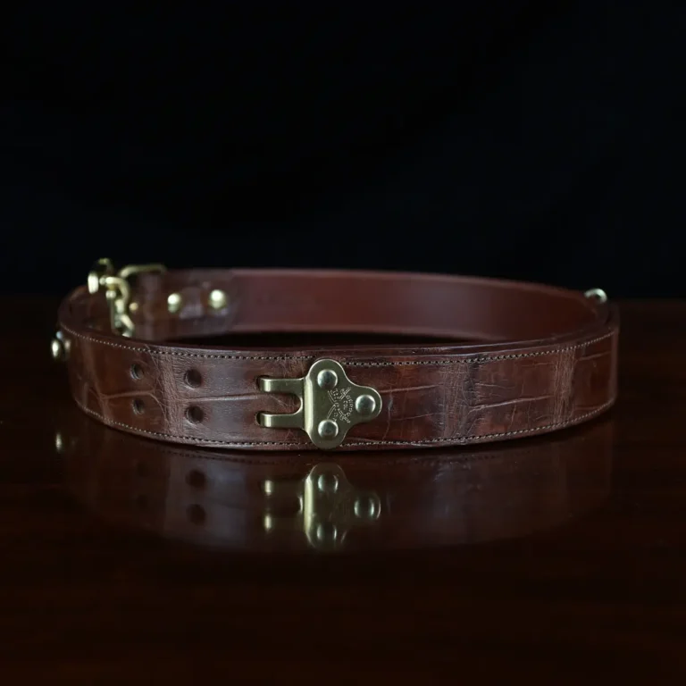 No. 5 Cinch Belt in brown American Alligator and brass buckle - ID 001 - side view on black background