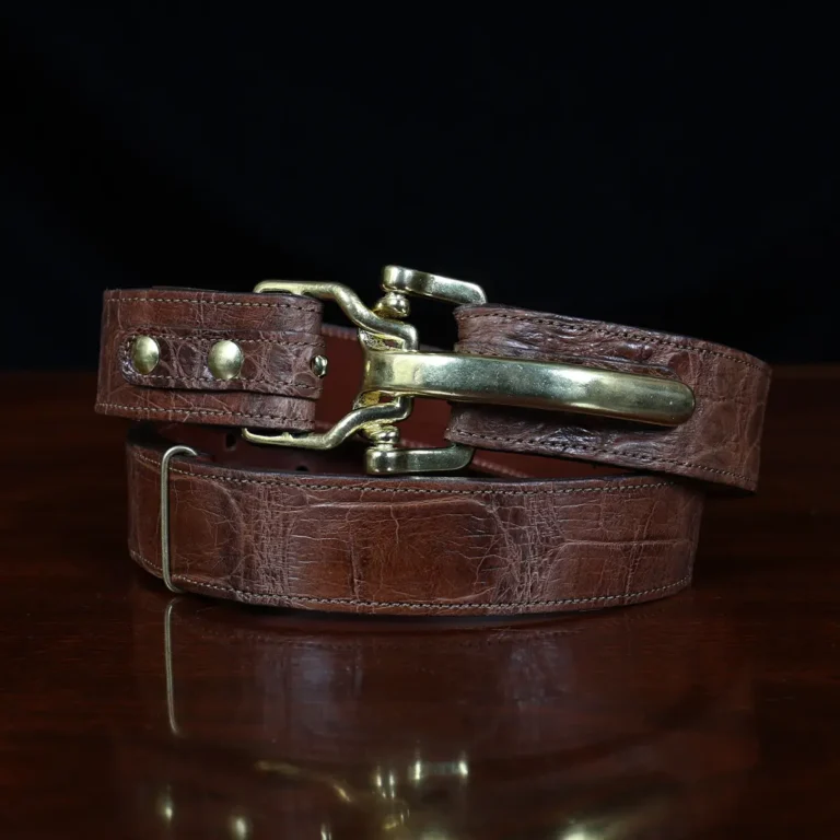 No. 5 Cinch Belt in brown American Alligator and brass buckle - id 002 - front coiled view