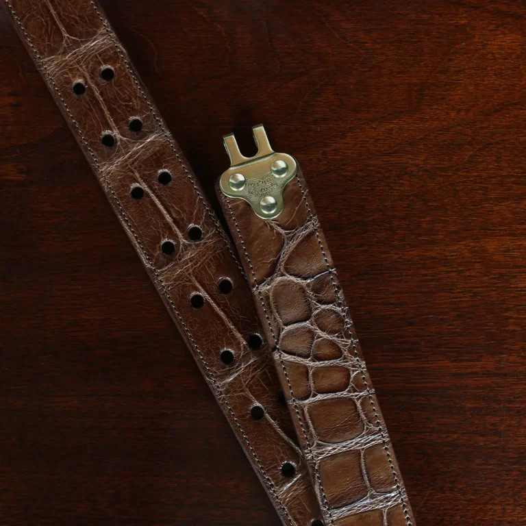 No. 5 Cinch Belt in brown American Alligator and brass buckle - id 002 - open hook view