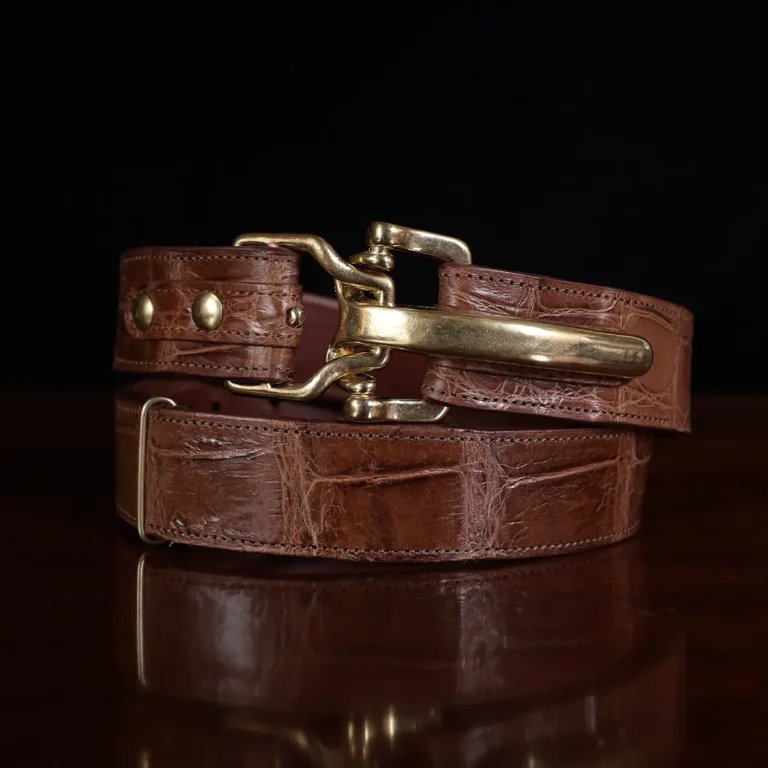 No. 5 Cinch Belt in brown American Alligator and brass buckle - id 002 - front coiled view