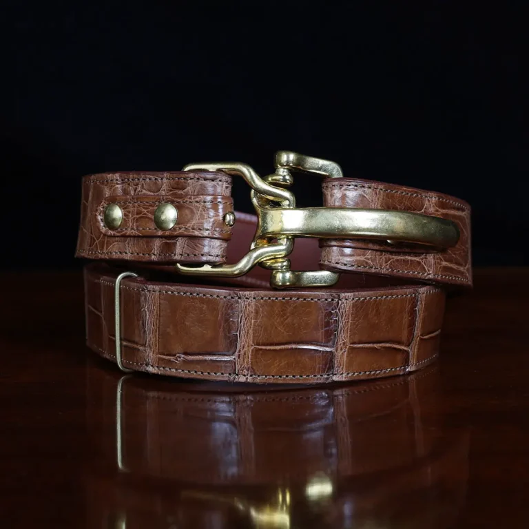 No. 5 Cinch Belt in brown American Alligator and brass buckle - id 002 - front coiled view