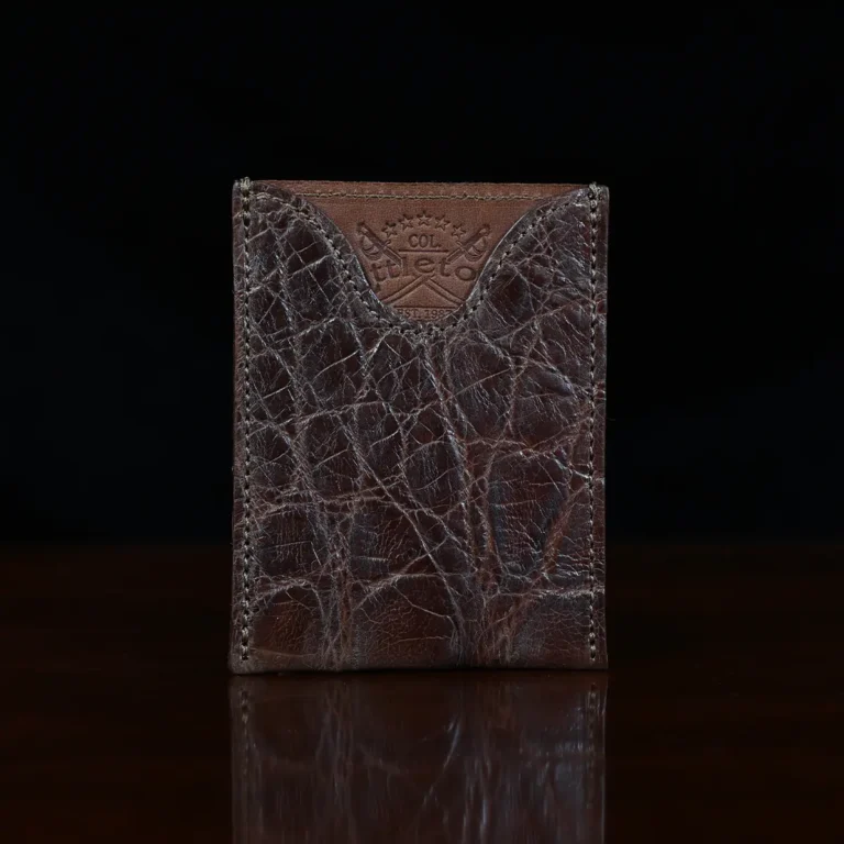 No. 4 Card Case in Vintage Brown American Alligator - ID 002 - front view on a wood table and dark background