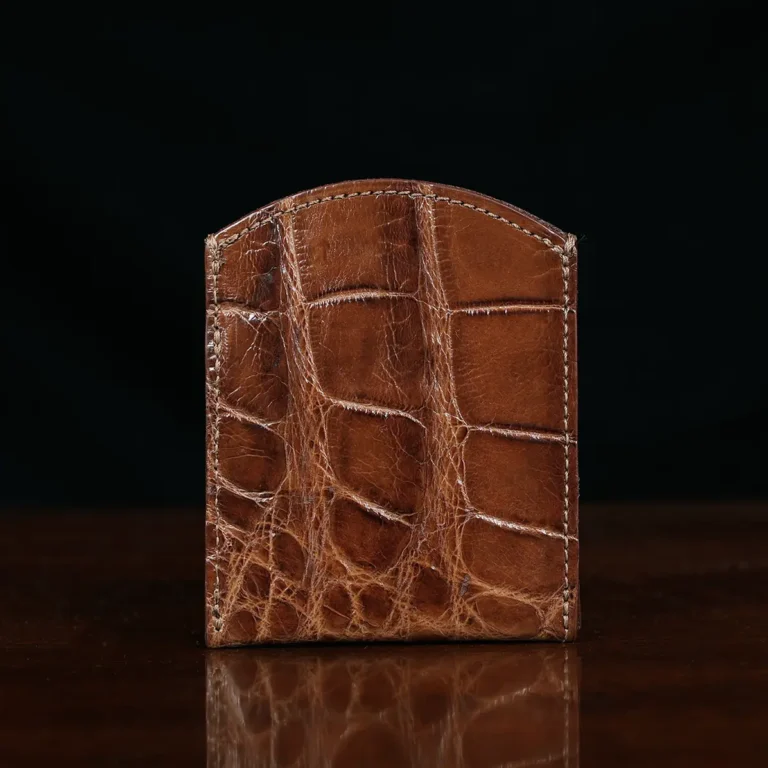 Front pocket wallet in brown American Alligator - ID 001 - back view on black background