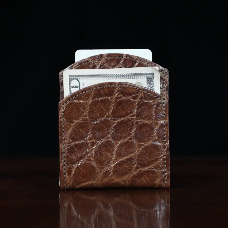 Front pocket wallet in brown American Alligator - ID 003 - front view on black background with card