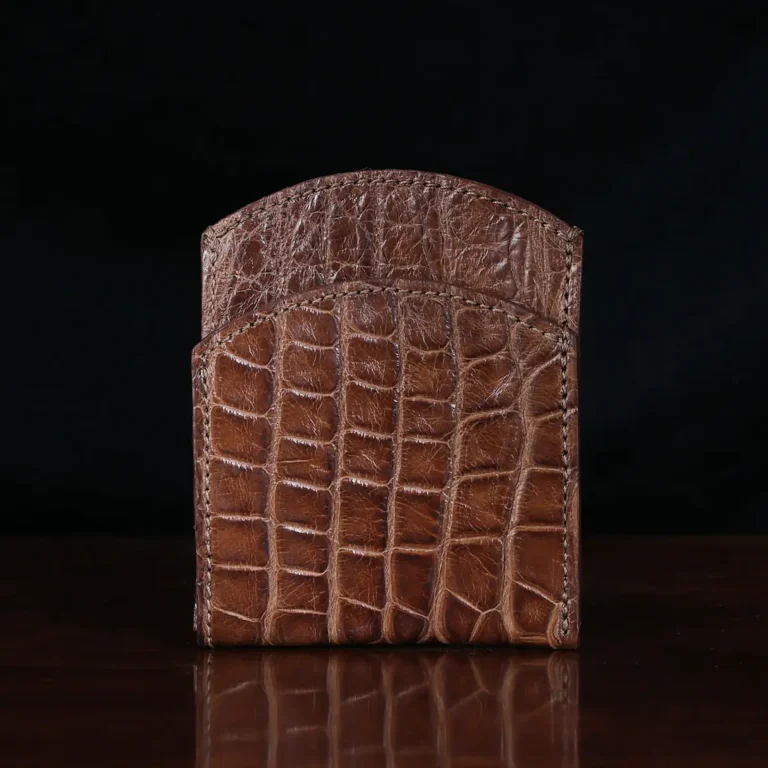 Front pocket wallet in brown American Alligator - ID 003 - front view on black background