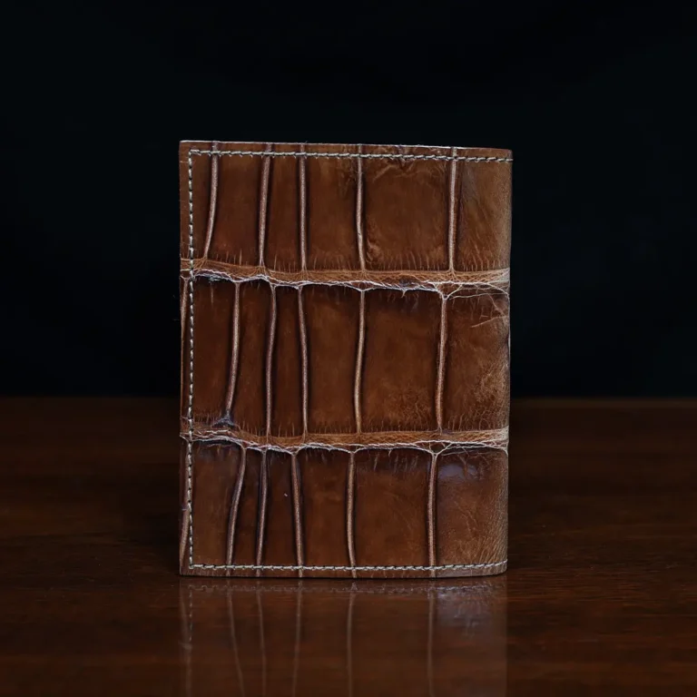 No. 2 Card Wallet in Vintage Brown American Alligator - ID 002 - back view on a black background