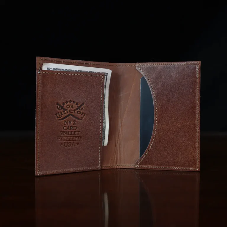 No. 2 Card Wallet in Vintage Brown American Alligator - ID 002 - open view with money on a black background