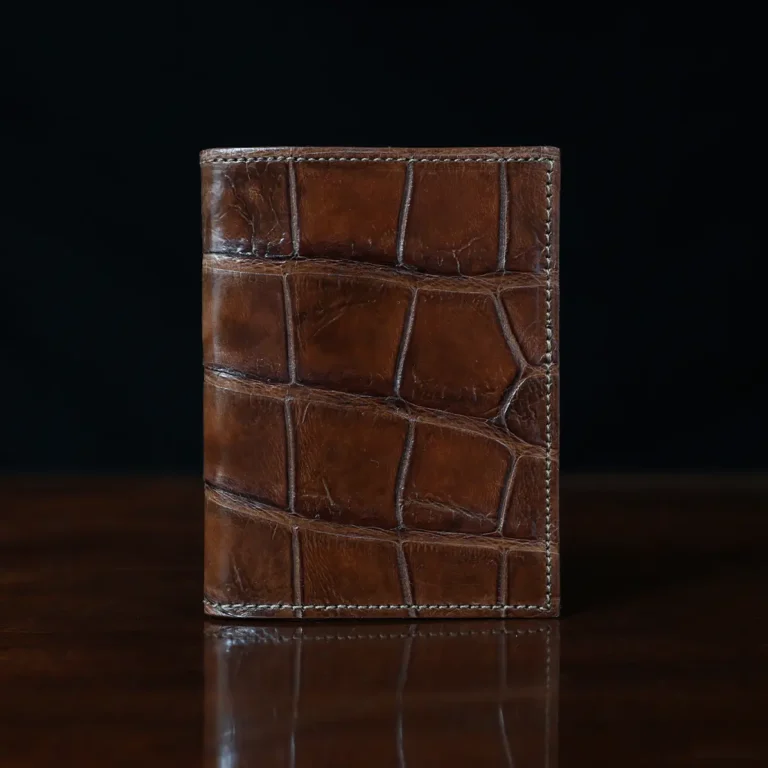 No. 2 Card Wallet in Vintage Brown American Alligator - ID 002 - front view on a black background