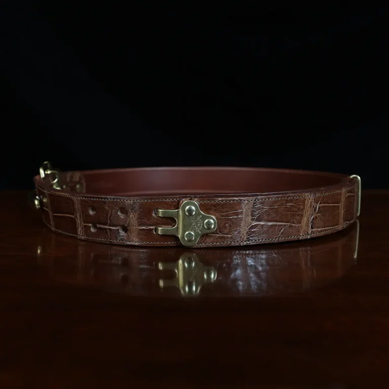 No. 5 Cinch Belt in brown American Alligator and brass buckle - ID 001 - side view on black background