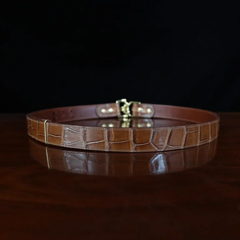 No. 5 Cinch Belt in Vintage Brown American Alligator with Brass hardware - X-Large - ID 001 - back view on a black background