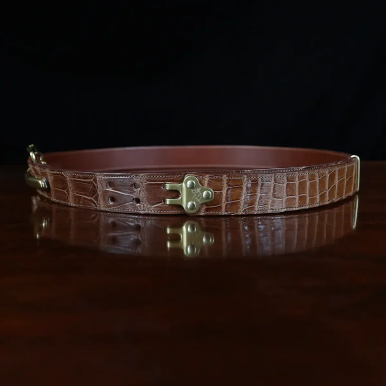 No. 5 Cinch Belt in Vintage Brown American Alligator with Brass hardware - X-Large - ID 001 - sideview on a black background