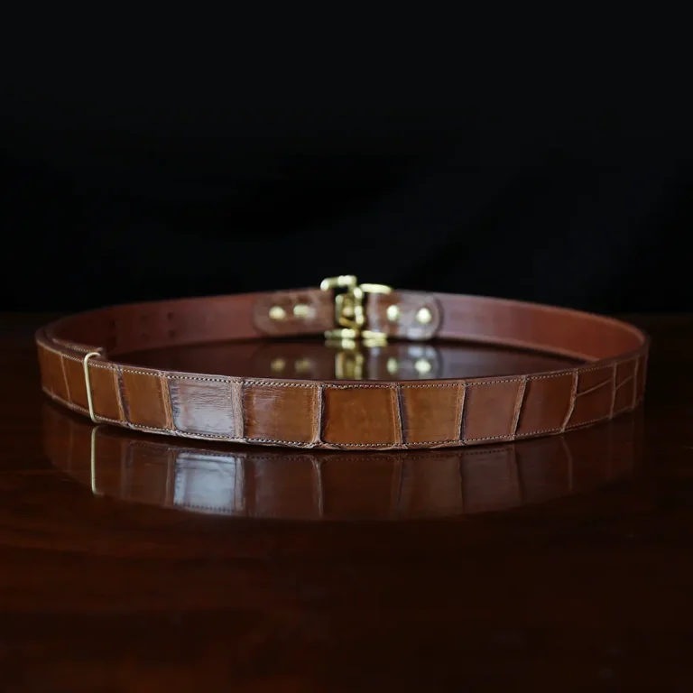 No. 5 Cinch Belt in brown American Alligator and brass buckle - ID 002 - back view on black background