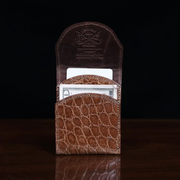 Front pocket wallet with flap in brown American Alligator - ID 003 - front open view with card