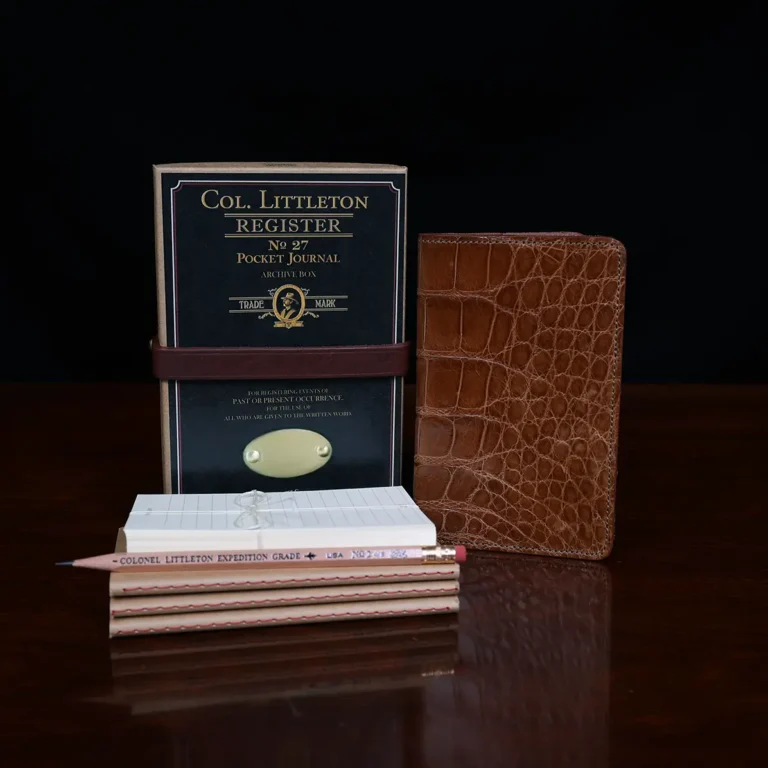 No. 27 Pocket Journal in Vintage Brown American Alligator - ID 001 - front view, shown with journal register archive box, 2 journal register notebooks, a stack of cream index notecards, and a Col. Littleton wooden No. 2 pencil