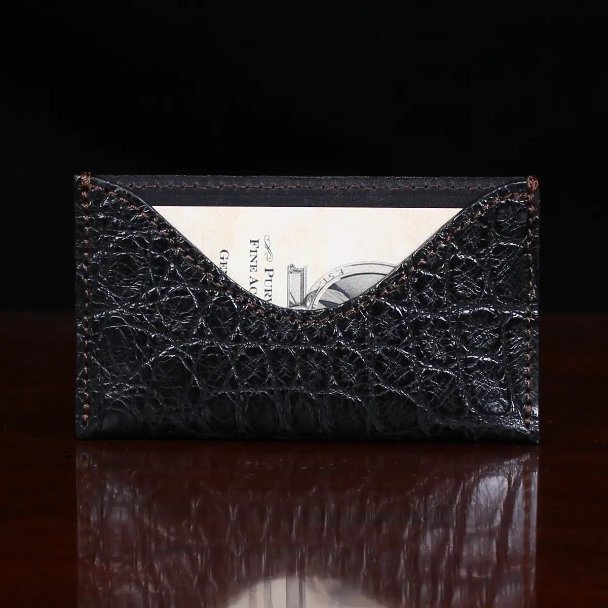 Women's Small Leather Card Case Wallet with Flap - Croco Embossed