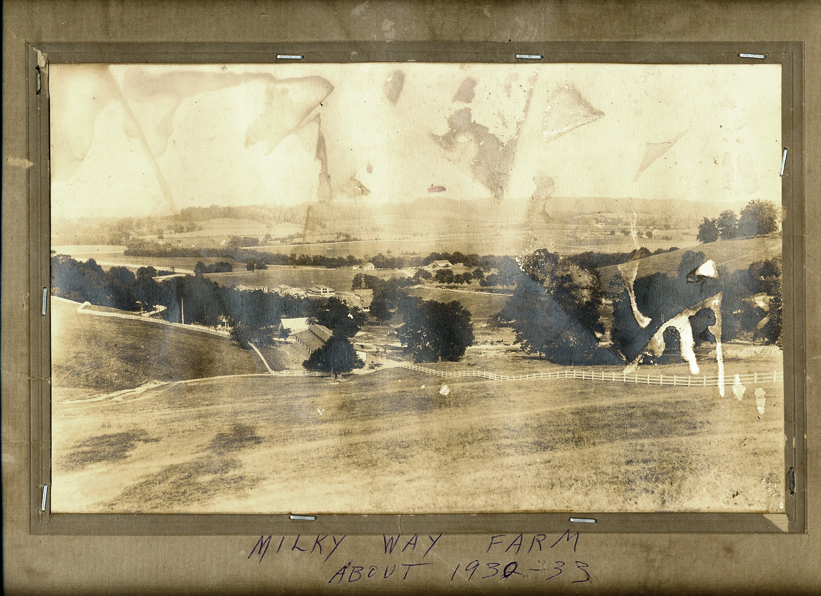 Aged black and white photograph of the Milky Way Farm from about 1930 to 1933.
