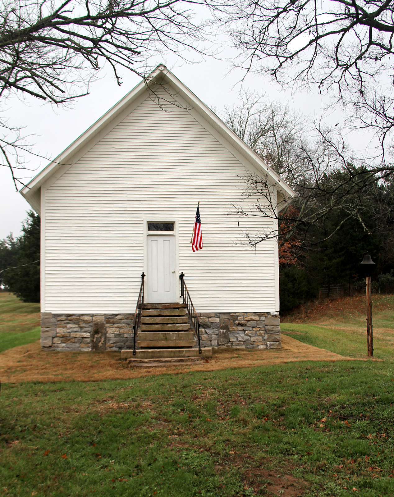 Front view of newly-restored one-room schoolhouse on Colonel's Foxfire Farm in Lynnville, TN