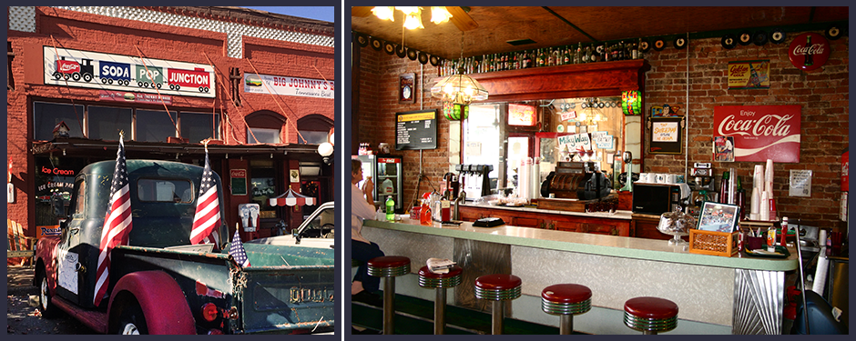 Outside view of Soda Pop Junction on the left and a view of the bar and stool inside the Soda Pop Junction.