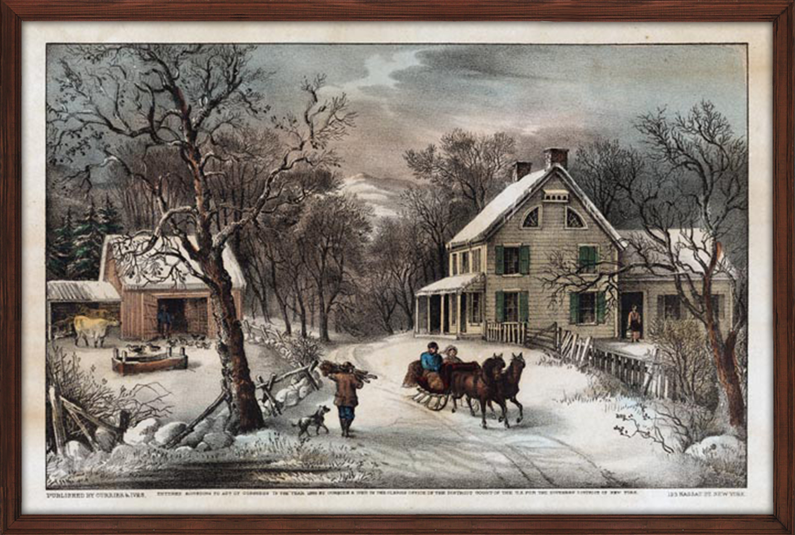 Currier and Ives print of an American homestead in winter inside a wooden frame.