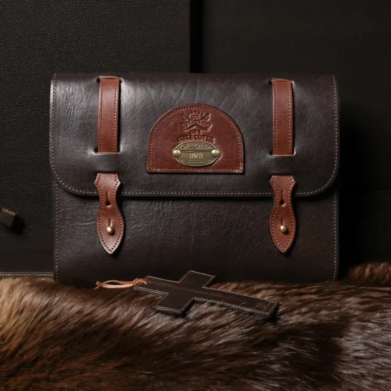 leather bible cover and bookmark in tobacco buffalo with dark background