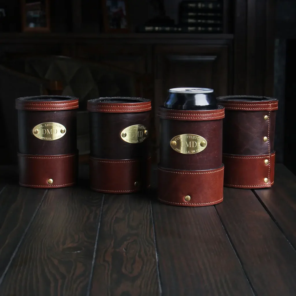 Tobacco Brown American Buffalo can caddy set on wood table with CL Buffalo logo in bottom right hand corner