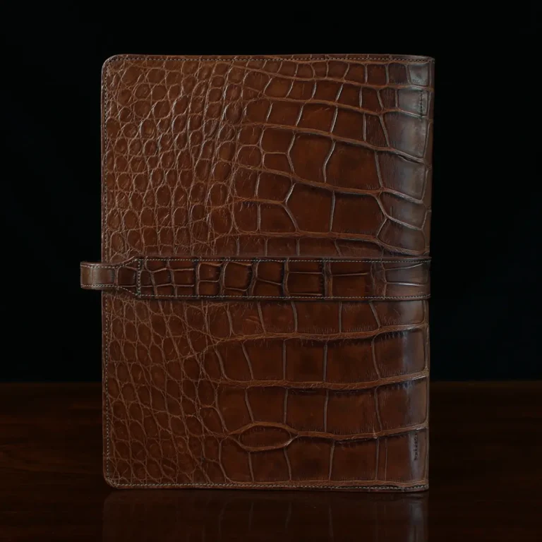 No. 18 Portfolio in Vintage Brown American Alligator - ID 002 - back view on black background