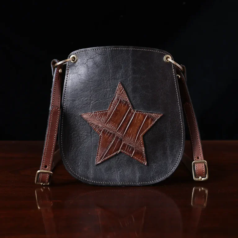 Bella Bag Ladies' Crossbody Purse in Tobacco Brown American Buffalo with Vintage Brown Steerhide Strap and American Alligator Star on front - ID 001 - front view