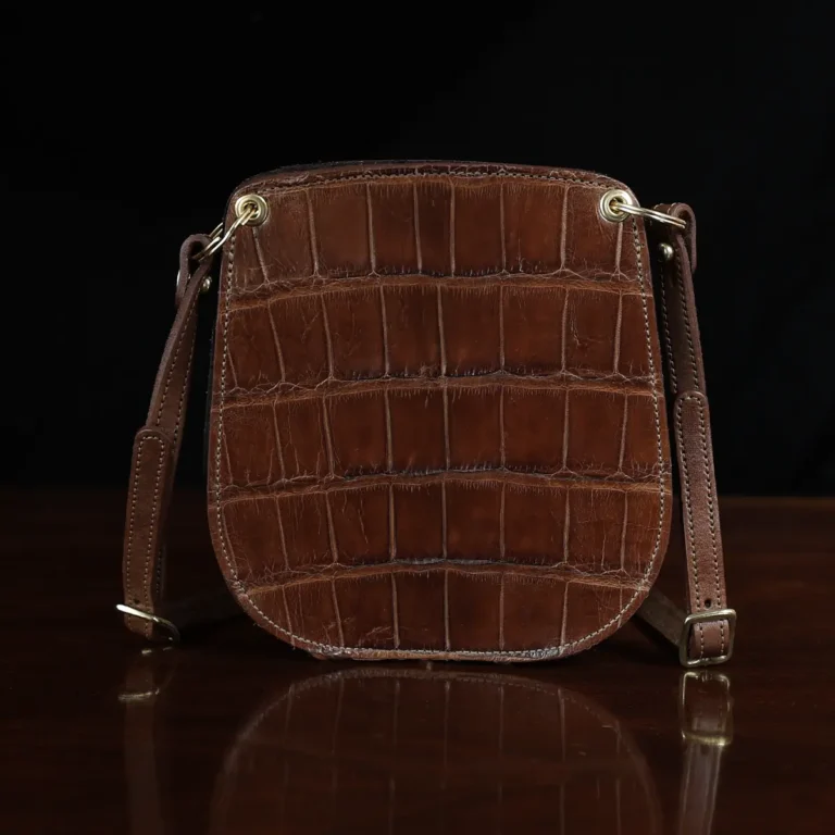 Bella Bag Ladies' Crossbody Purse in Tobacco Brown American Buffalo with Vintage Brown Steerhide Strap and American Alligator front panel- front view