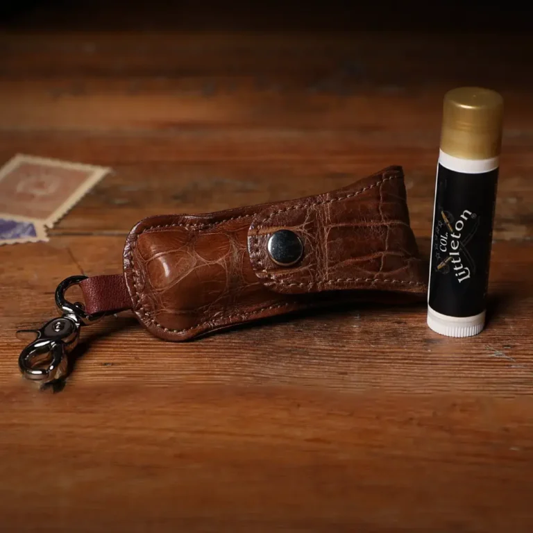Brown Leather American Alligator Lip Balm Holder - front view with lip balm and stamps
