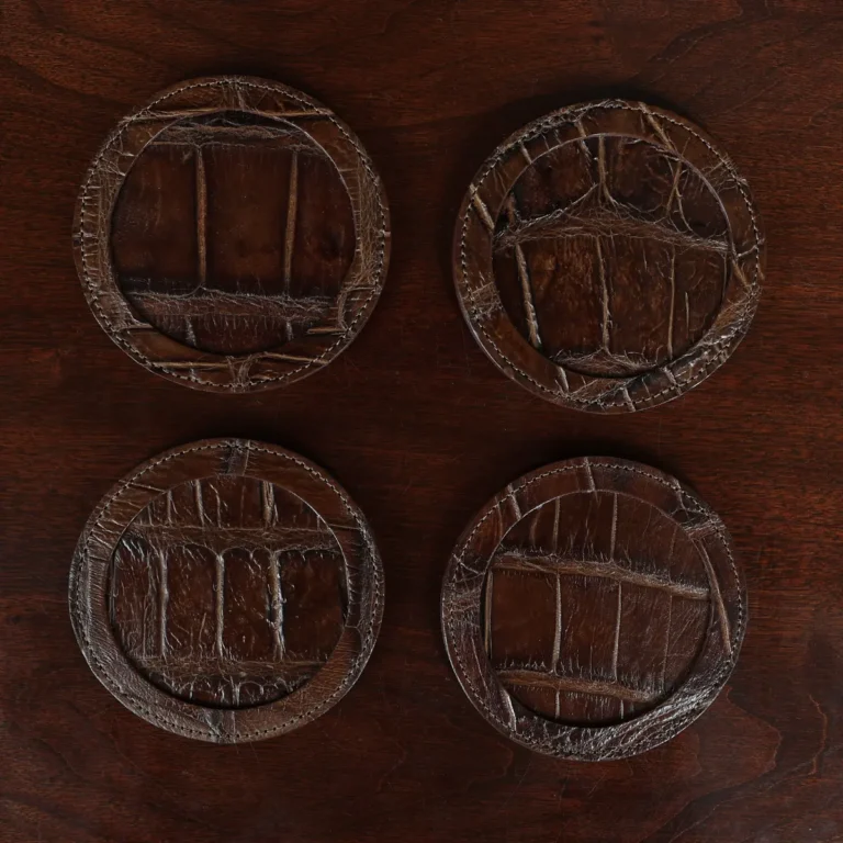 Round leather coasters in Brown American Alligator - set of 4 - ID 001 - front flatlay view of 4 coasters fanned out in a stack on black background