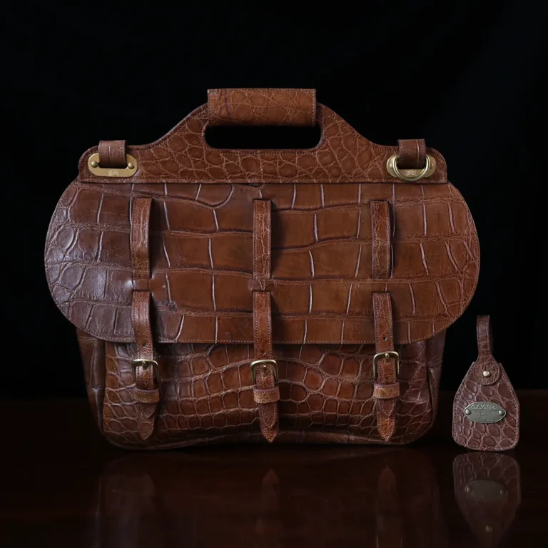 No. 1 Saddlebag Briefcase in Vintage Brown American Alligator - Serial Number 013 - front view with luggage tag
