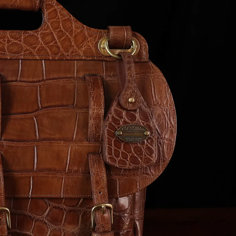No. 1 Saddlebag Briefcase in Vintage Brown American Alligator - Serial Number 013 - front view with luggage tag close up