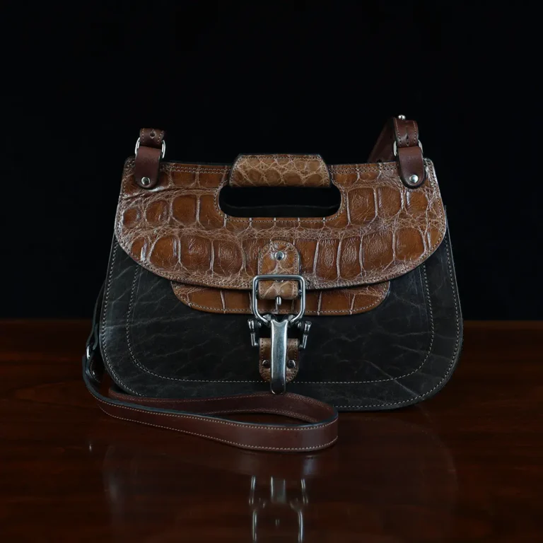 No. 17 Hunt Bag ladies' crossbody in Tobacco Brown American Buffalo and trimmed with American Alligator and Vintage Brown American Steerhide - front view