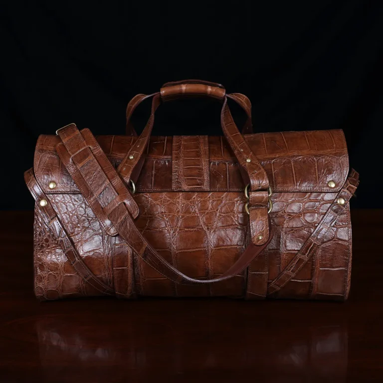 No. 1 Grip Travel Duffel Bag in Vintage Brown American Alligator - serial number 011 - back view with luggage tag