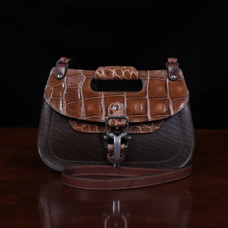 No. 17 Hunt Bag ladies' crossbody in Tobacco Brown American Buffalo and trimmed with American Alligator and Vintage Brown American Steerhide - front view