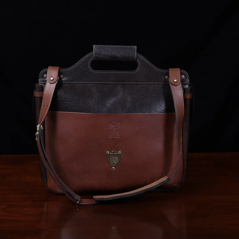 No. 1 Saddlebag Briefcase in dark Tobacco Brown American Buffalo trimmed with Alligator - serial number 006 - back view