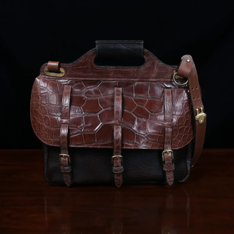 No. 1 Saddlebag Briefcase in dark Tobacco Brown American Buffalo trimmed with Alligator - serial number 006 - front view