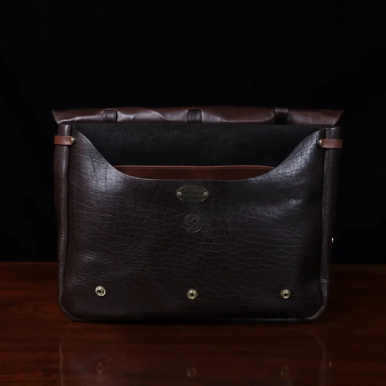 No. 1 Saddlebag Briefcase in dark Tobacco Brown American Buffalo trimmed with Alligator - serial number 006 - open view