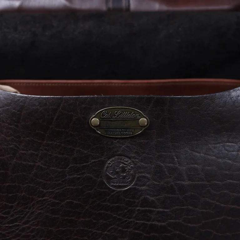 No. 1 Saddlebag Briefcase in dark Tobacco Brown American Buffalo trimmed with Alligator - serial number 006 - view of stamp