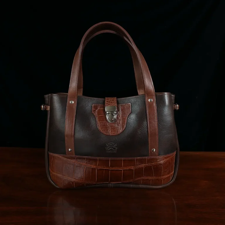 Leather Bentley Tote in dark Tobacco Brown American Buffalo trimmed with American Alligator and Vintage Brown Steerhide - Front View on black background