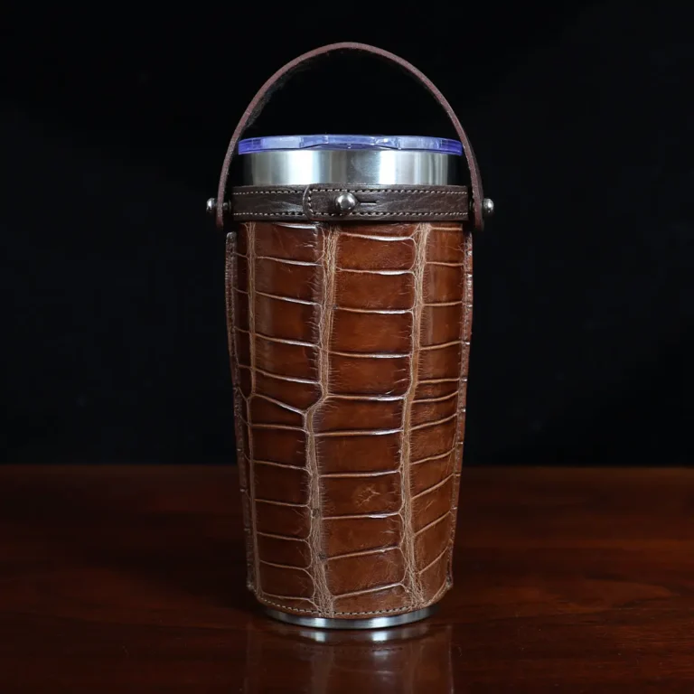 No. 20 Traveler Tumbler Sleeve Set in American Alligator with Tobacco Brown American Buffalo Trim - 20oz stainless steel tumbler - ID 002 - back view on a black backdrop