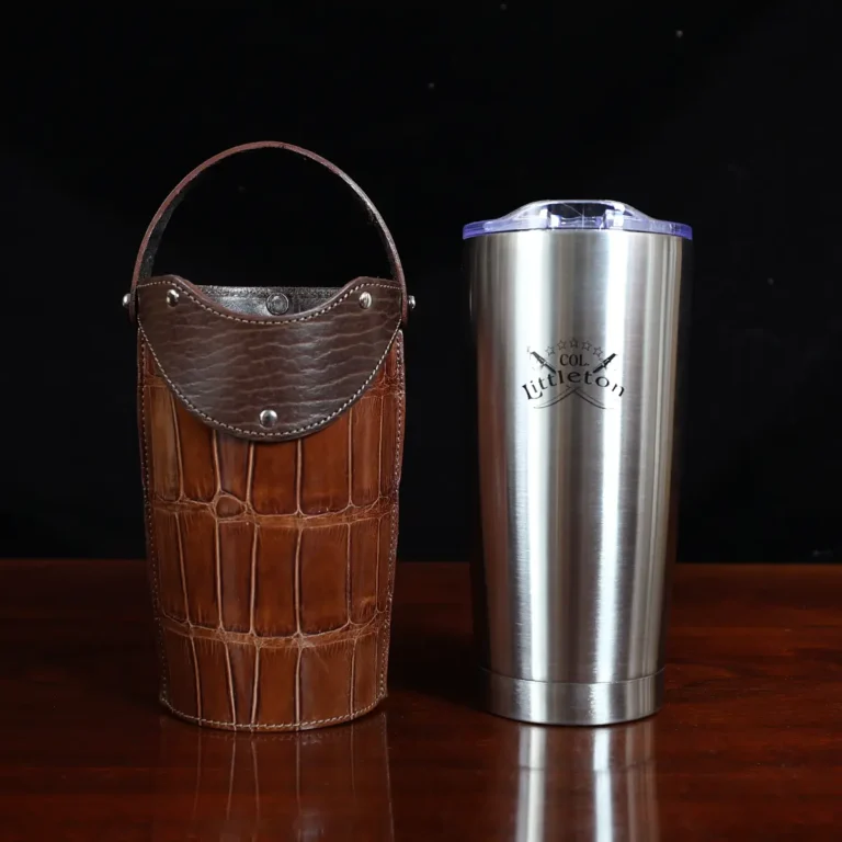 No. 20 Traveler Tumbler Sleeve Set in American Alligator with Tobacco Brown American Buffalo Trim - 20oz stainless steel tumbler - ID 002 - front view with cup on a black background