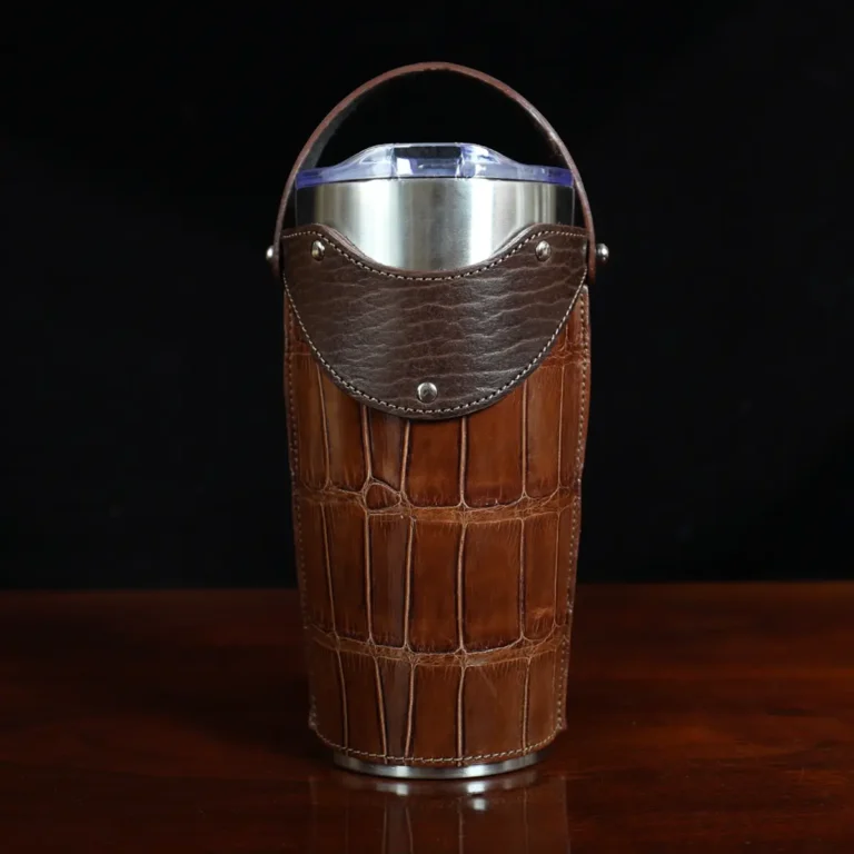 No. 20 Traveler Tumbler Sleeve Set in American Alligator with Tobacco Brown American Buffalo Trim - 20oz stainless steel tumbler - ID 002 - front view on a black background