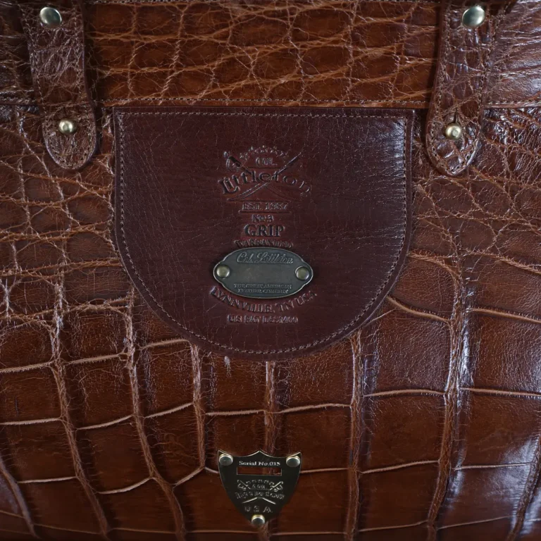 No. 3 Grip Travel Bag in Vintage American Alligator - Serial Number 015 - logo view