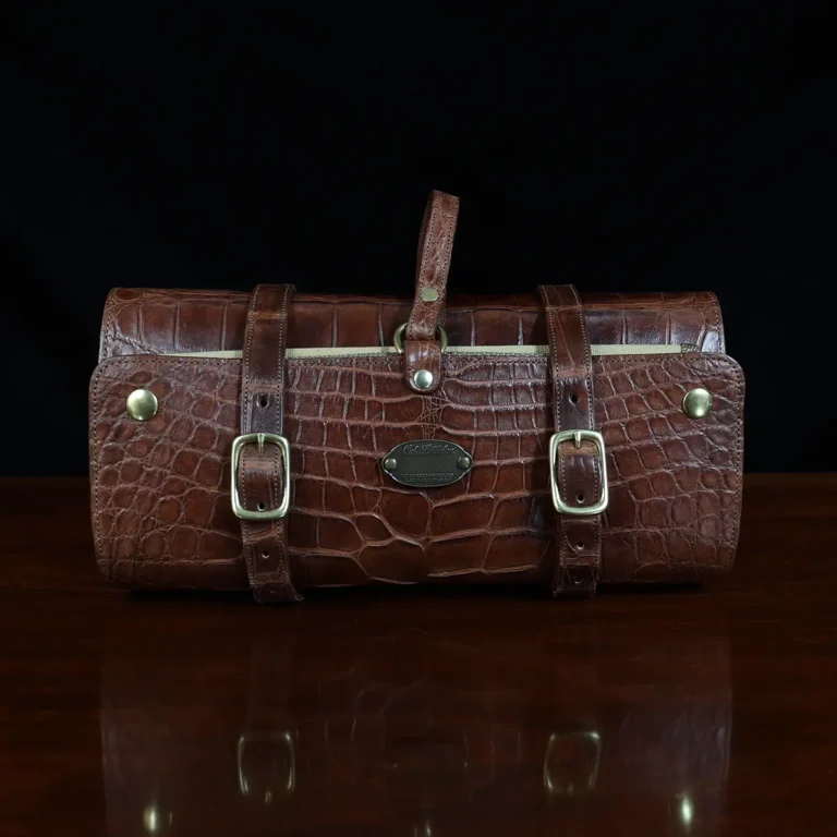 CL - No. 2 Shave Dopp Kit in Vintage Brown American Alligator with No. 8 Khaki Cotton Canvas Lining - Serial Number 002 - front view on a wooden table