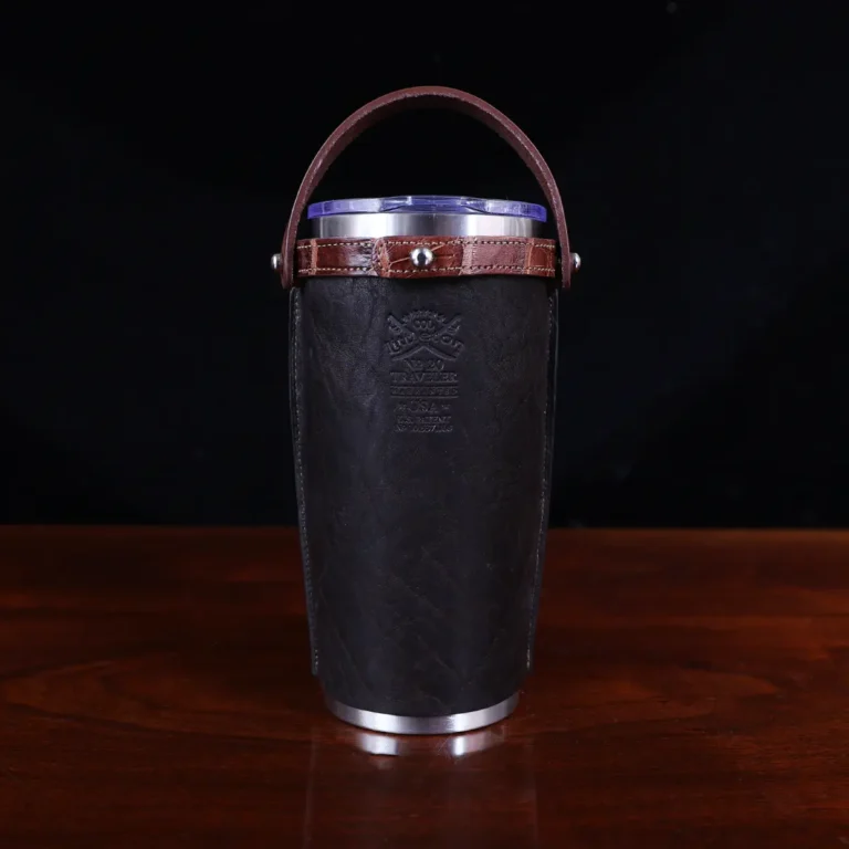 No. 20 Traveler Tumbler Sleeve Set in Tobacco Brown American Buffalo with American Alligator Trim - 20oz stainless steel tumbler - ID 001 - back view